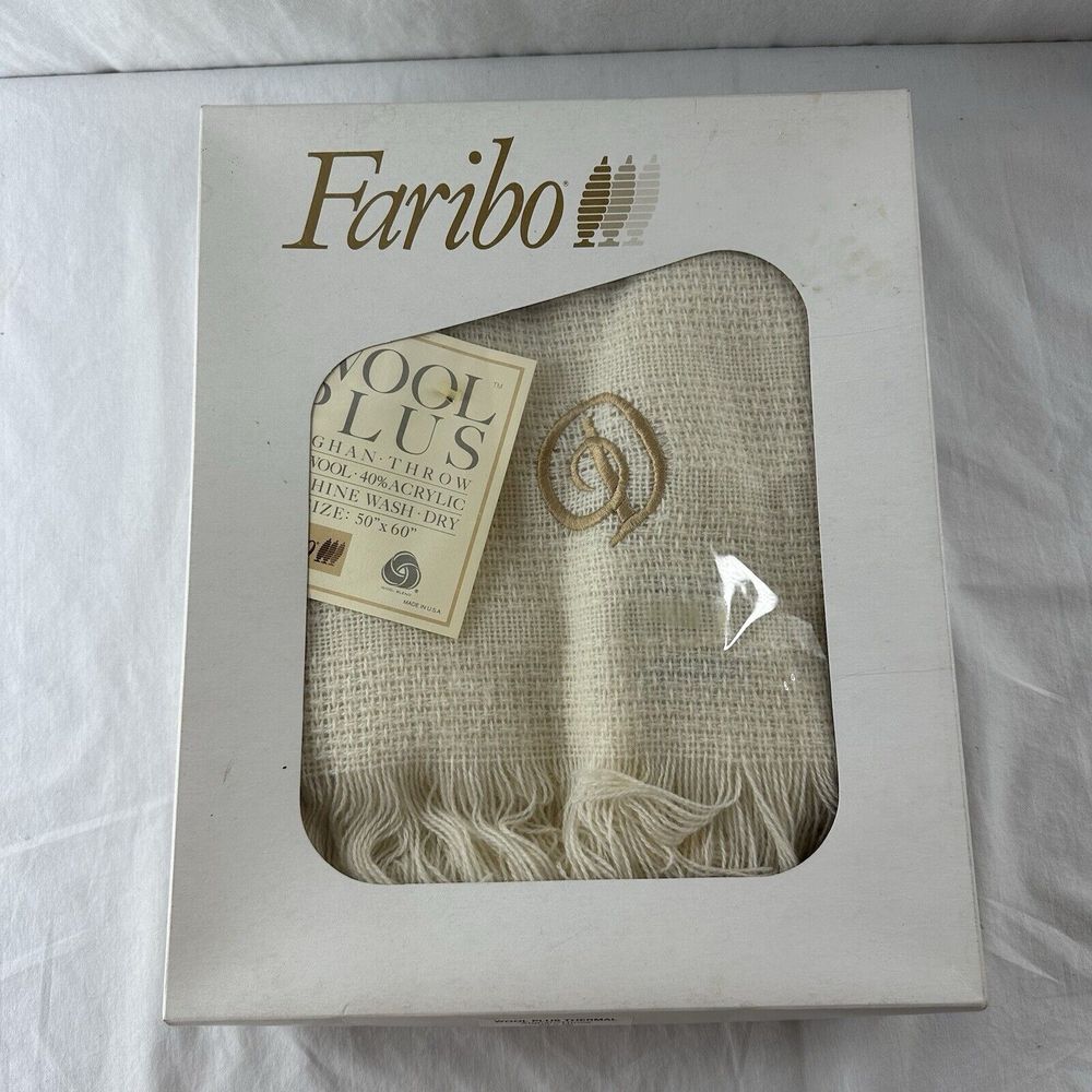 Faribo Wool Acrylic Throw Blanket Cream New Box Fringe Monogram "D" 50" X 60"